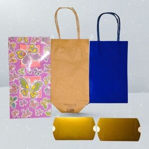 Set of Assorted Gift Bags and Gold Pillow Boxes - Pink, Kraft, Blue, Gold